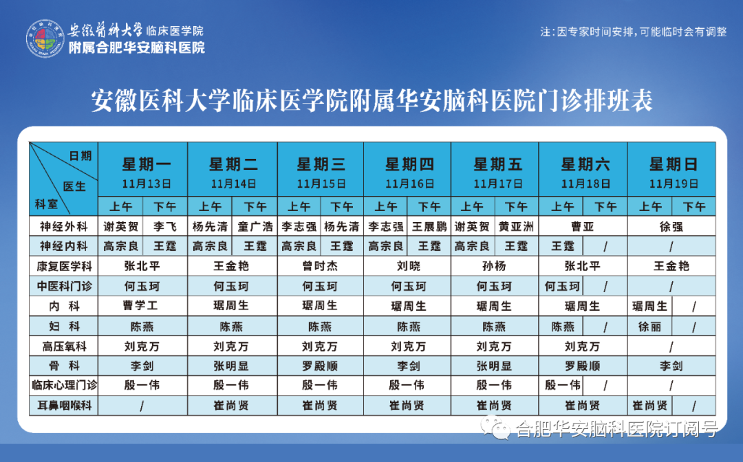 【专家门诊】华安脑科医院2023年11月13日—11月19日门诊排班表